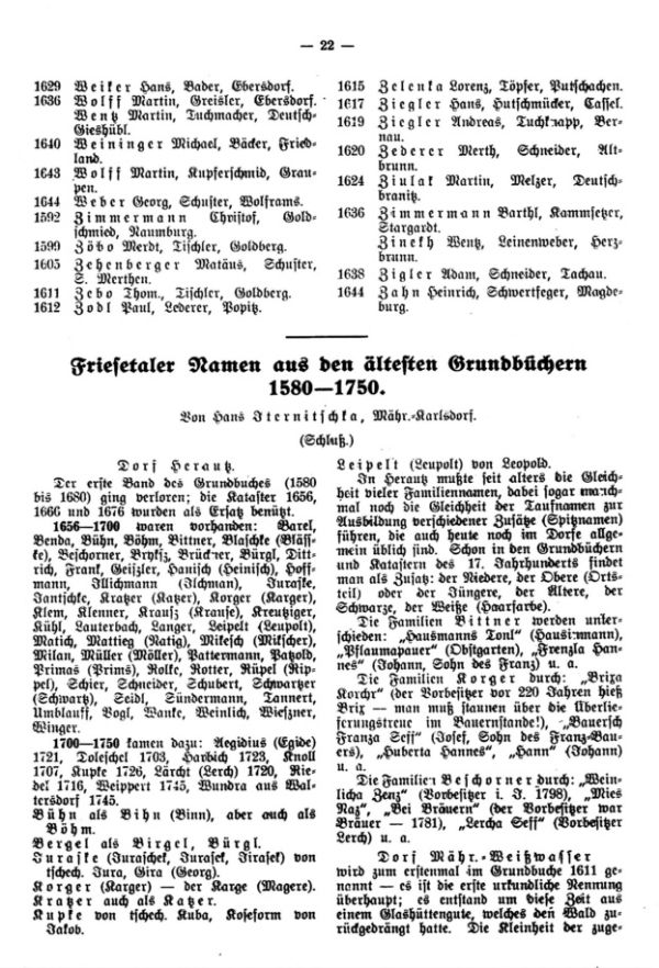 Friesentaler Namen aus den ältesten Grundbüchern 1580-1750 (Schluß) - 1