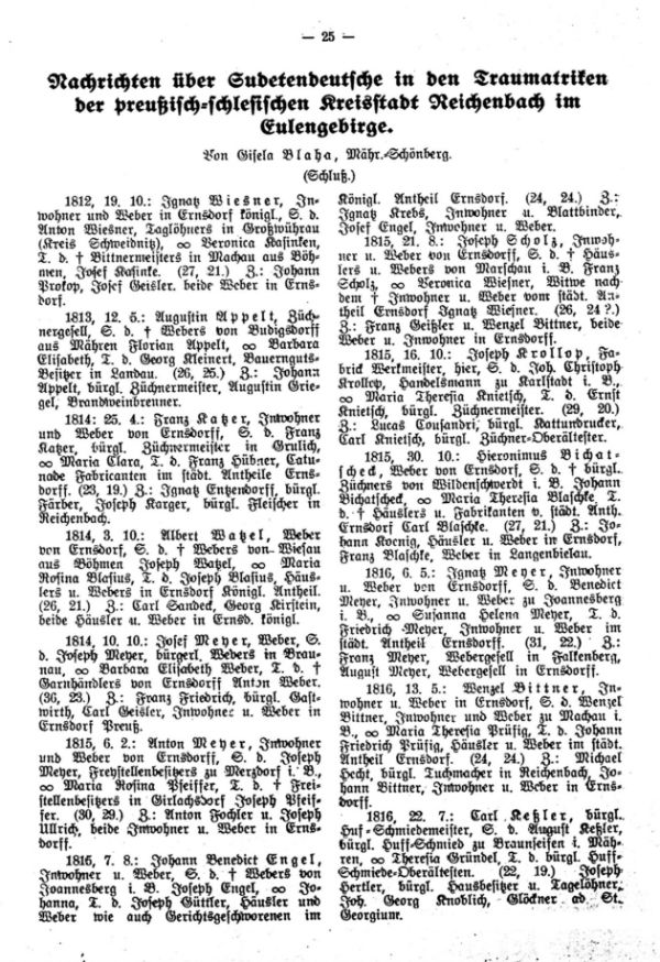 Nachrichten über Sudetendeutsche in den Traumatriken der preuß.-schlesischen Kreisstadt Reichenbach im Eulengebirge - 1