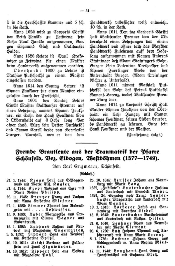 Fremde Brautleute aus der Traumatrik der Pfarre Schönfeld, Bez. Elbogen, Westböhmen (1577-1749) - 1