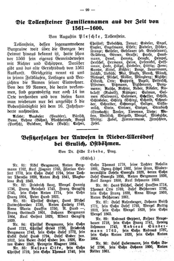 Die Tollensteiner Familiennamen aus der Zeit von 1561-1600 - Besitzerfolgen der Anwesen in Nieder-Ullersdorf bei Grulich, Ostböhmen - 1