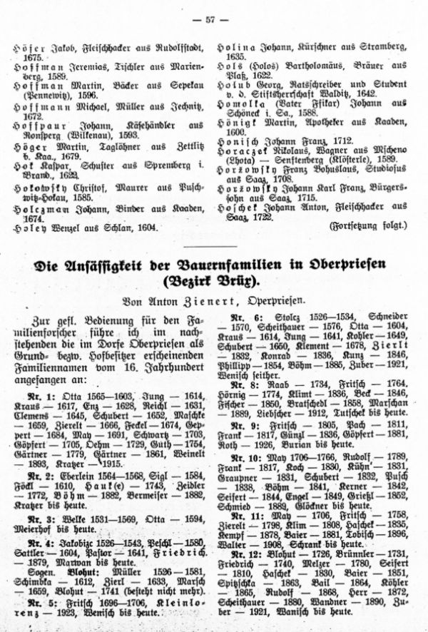 Die Ansässigkeit der Bauernfamilien in Oberpriesen (Bezirk Brüx)